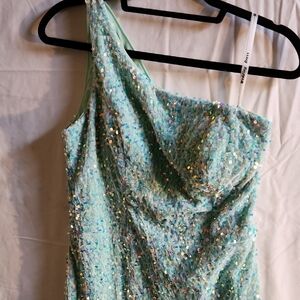 One-Shoulder Dress in Mint Green With Iridescent Sequins Size 8.